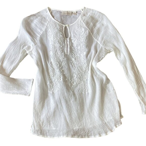 Chico's Cotton Gauze Embroidered BOHO Peasant White Noise Top Sz 1 (M/8) #283B - Picture 3 of 9